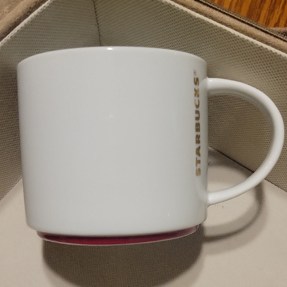 Starbucks 2012 Stackable White Mug Gold Lettering Red Rim 16oz
